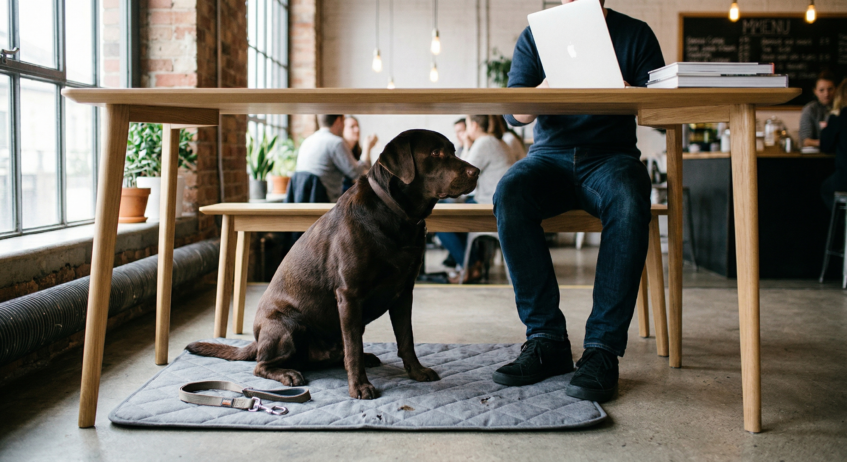 Chocolate labrador settle mat under cafe table laptop