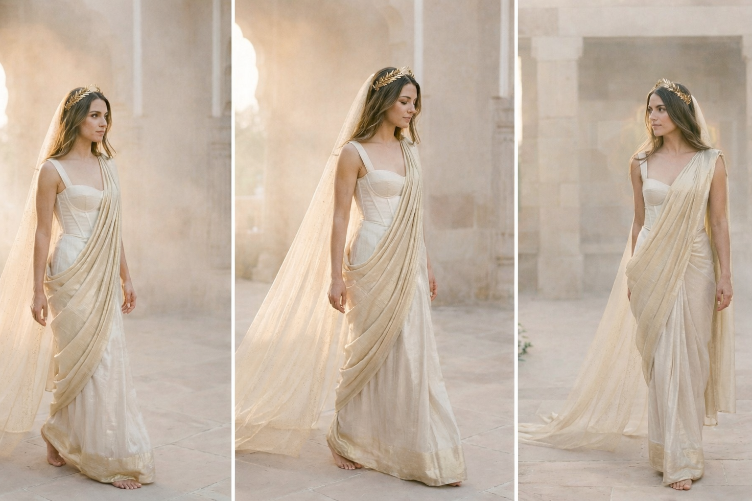 Golden goddess core fusion bridal gown saree