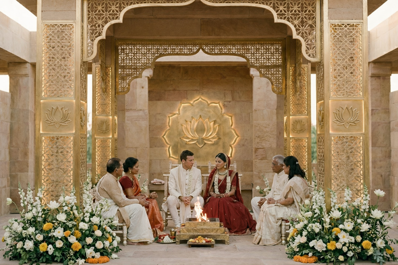 Modern temple mandap carved brass lotus lighting