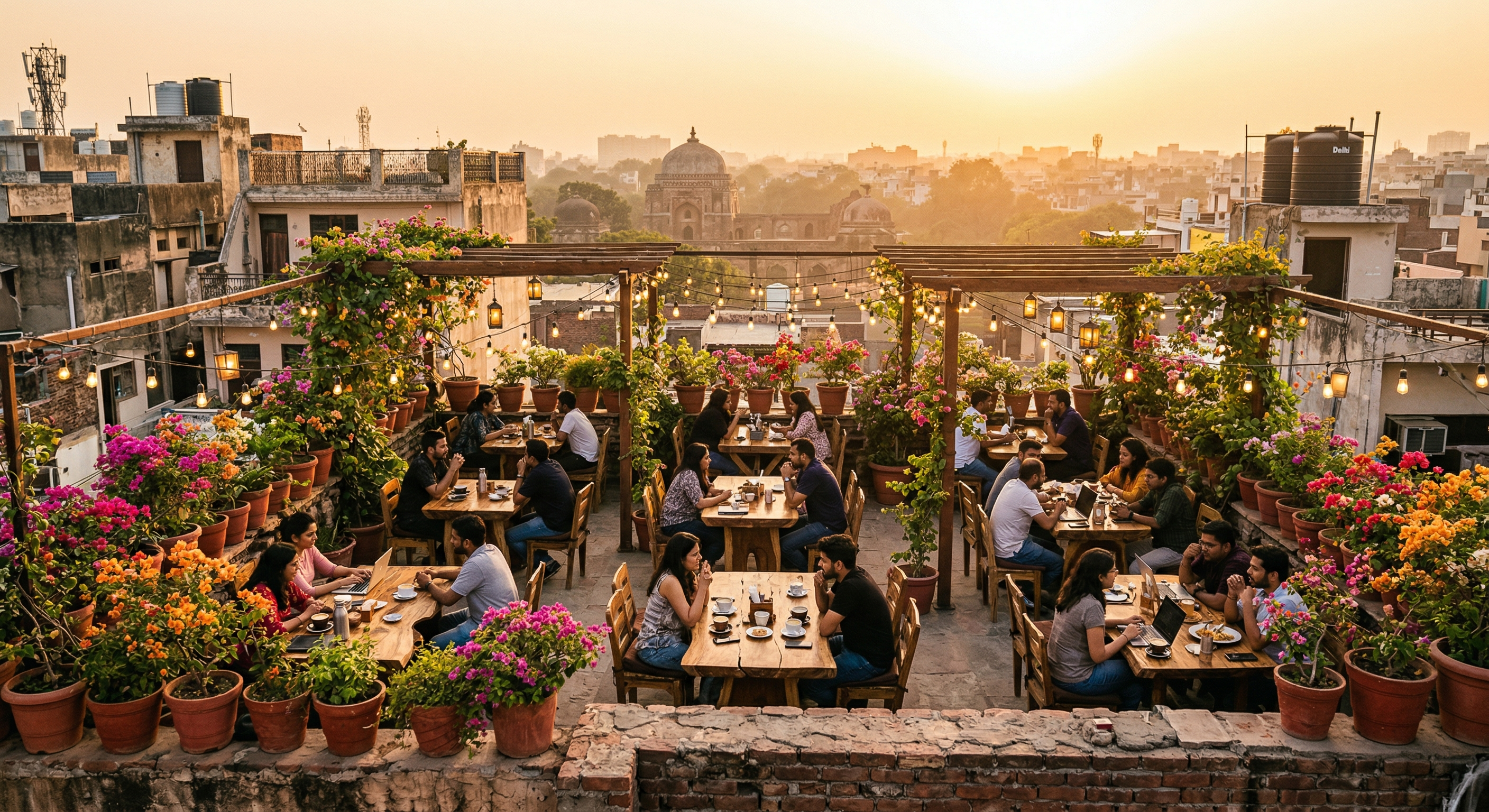 Shahpur jat rooftop cafe golden hour